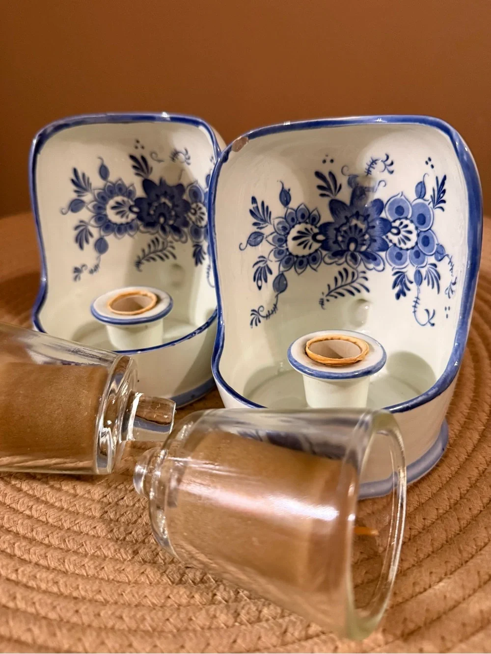 Blue & White Ceramic Votive Candle Holders with Floral Motif - Pair